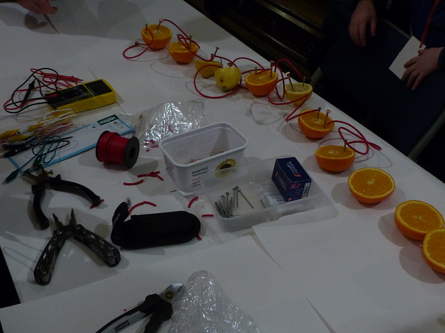 Fruit batteries activity from chapter 6 of Messy Church Does Science
