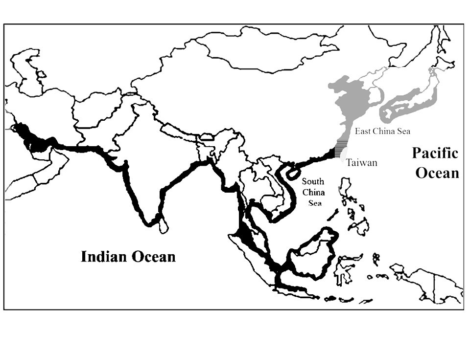 江豚之地理分布。灰色為窄脊江豚，黑色為寬脊江豚，橫線區域為分布重疊域。