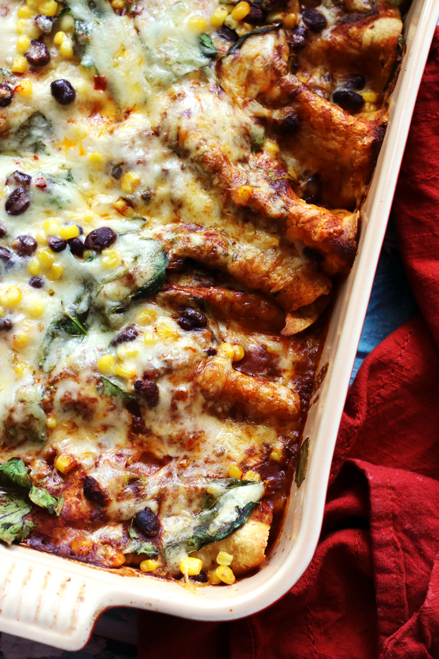 Vegetable Enchiladas with Black Beans, Corn, and Spinach