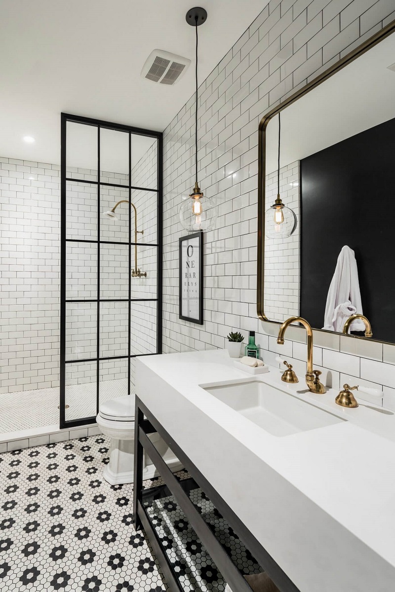 The 15 Best Tiled Bathrooms on Pinterest Black and White Floral Tiled Floor Subway Tiles Bathroom Gold Hardware