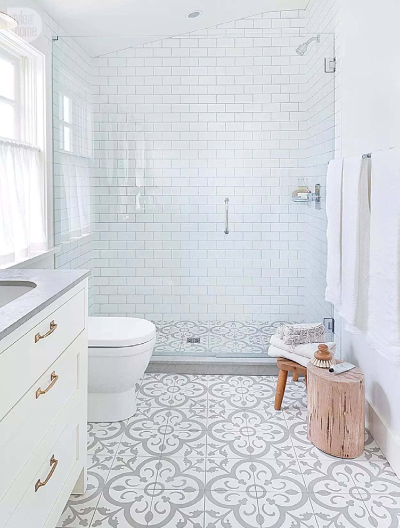 The 15 Best Tiled Bathrooms on Pinterest White Subway Tiles Light Gray Mosaic Tile Bathroom Floor