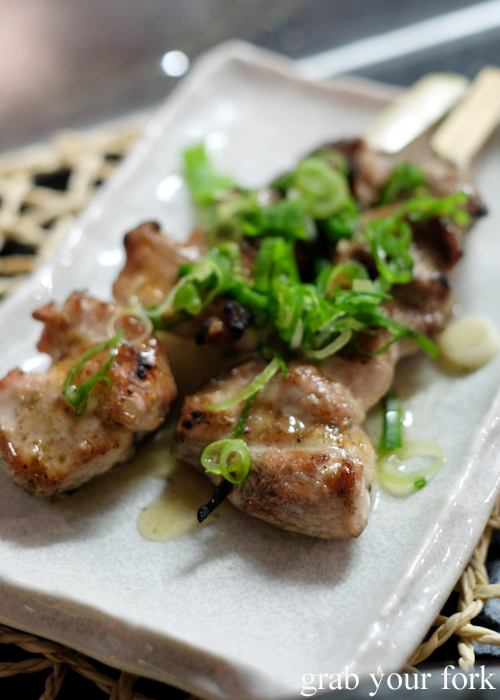 Momo negi shio chicken thigh with salted garlic sauce and shallot at Yakitori Jin Japanese restaurant in Haberfield Sydney