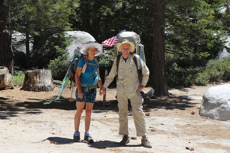 Vicki and I at the Fuller Ridge Trail trailhead on the PCT with Memorial Day Flag