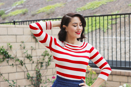 Top Vintage Dancing Days by Banned 50s Ahoi Stripes Top in Red and White Miss Candyfloss 50s Vivian Wide Leg Shorts in Navy