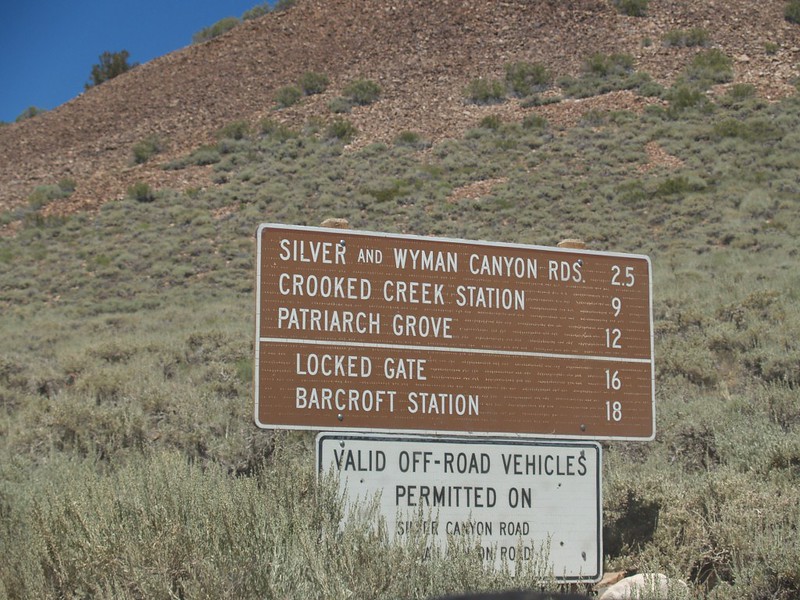 Road sign on White Mountain Road showing that it was 12 miles of dirt road to reach the Patriarch Grove