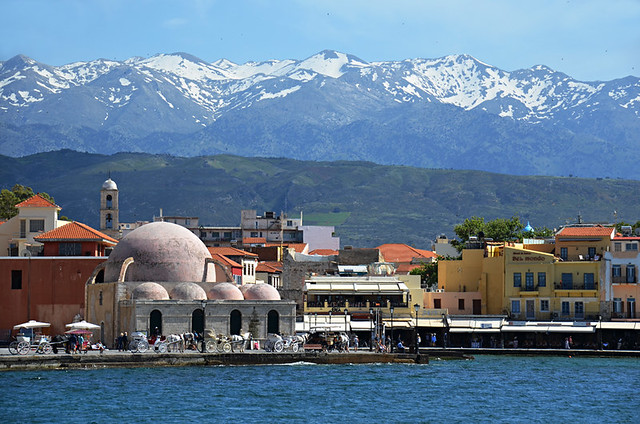 Mosque and mountains, Chania from the harbour wall, Crete