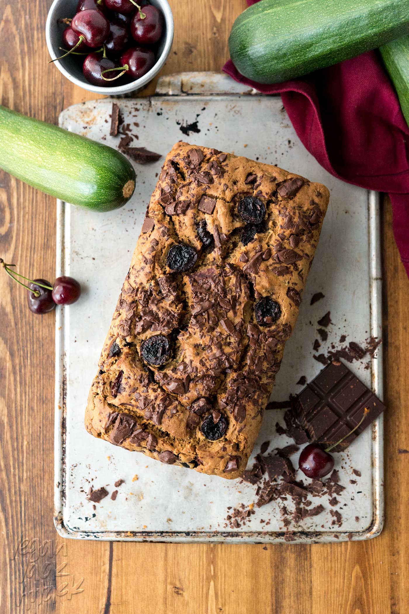 Cherry Chocolate Zucchini Bread! A fantastic way to use some of that summer squash, and make a whole wheat breakfast loaf. Sweetened with coconut sugar! #vegan #soyfree #nutfree #veganyackattack 