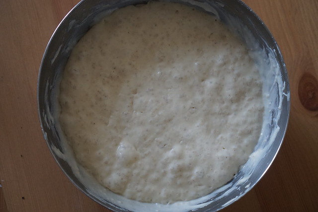 Gluten free crumpet batter: bubbly batter after rising in a warm place for 1 hour.