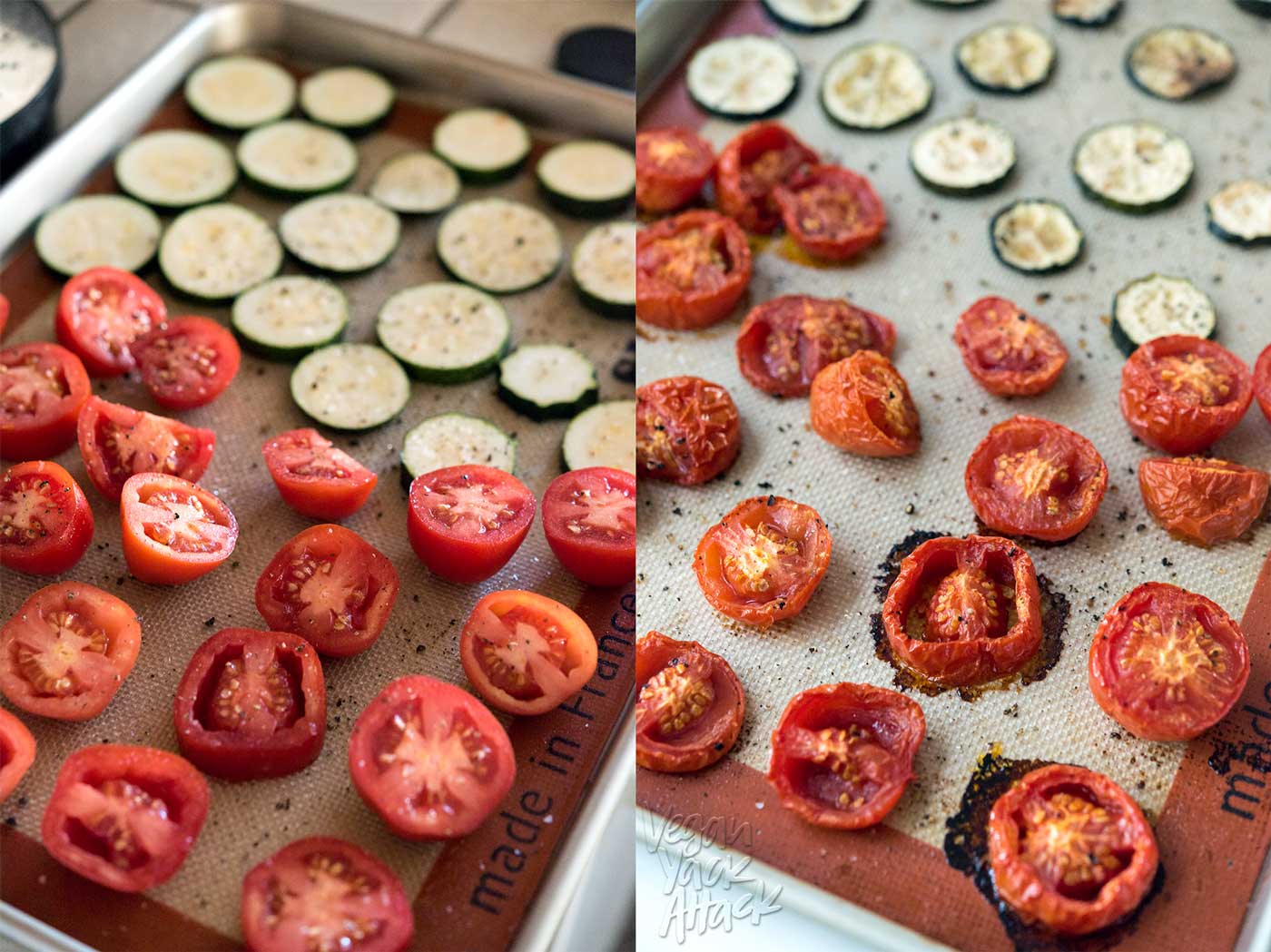 image collage of tomatoes and zucchini before and after roasting