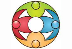 The image shows four people holding hands forming into circle with different colors.