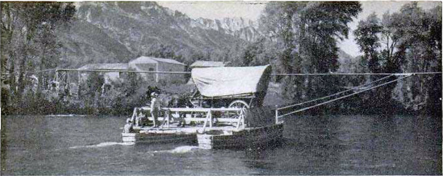 Carrying this old Conestoga wagon and team of horses, the ferry makes its initial trip across the Snake River after the restoration.