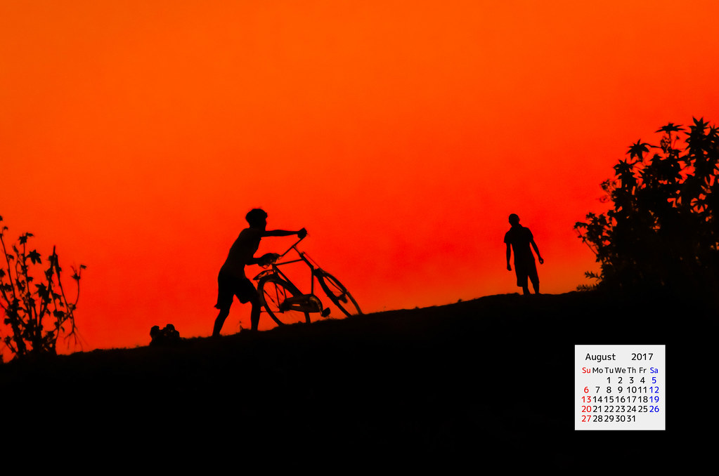 Silhouette of a boy with cycle Majuli Island Assam India