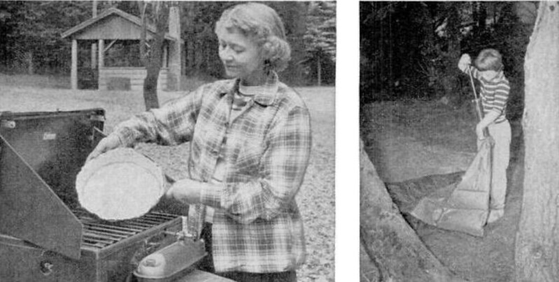 (Left) Having fish for supper? A piece of aluminum foil on the frying pan will make that job of dish washing afterwards a lot easier. (Right) Hand pump saves breath in inflating air mattress; children like to pump. 