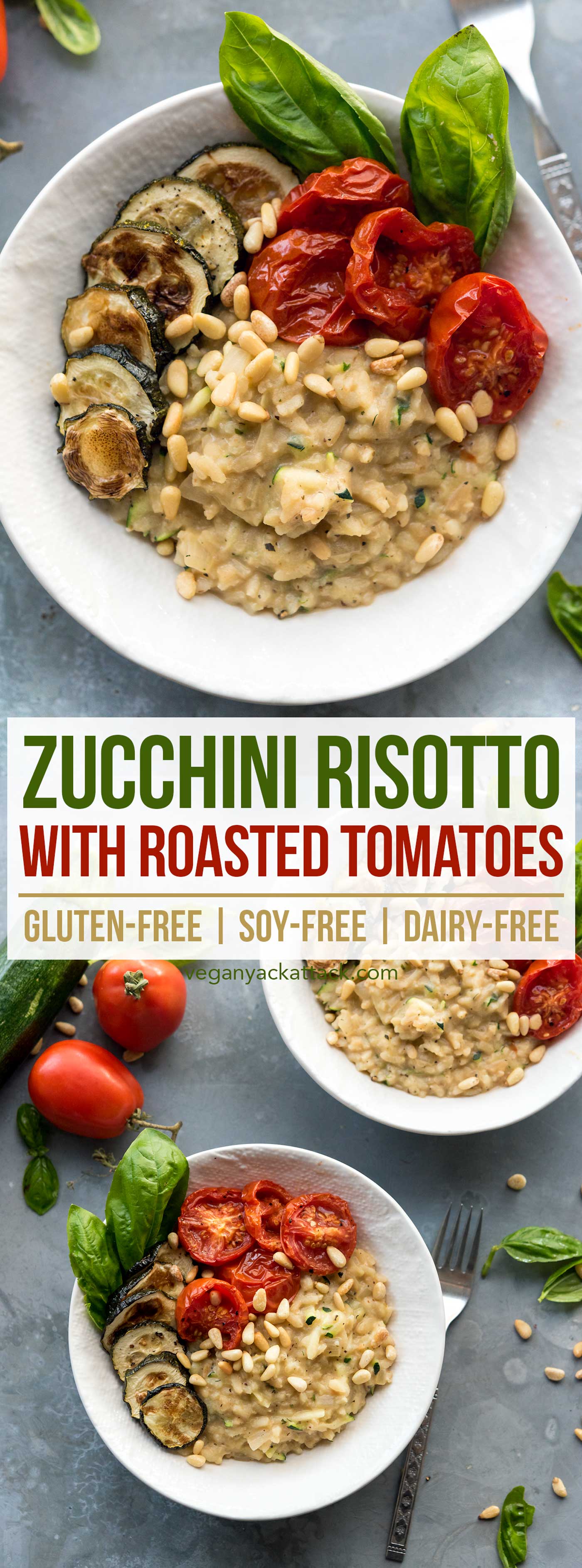close up of risotto in a bowl topped with roasted zucchini and tomatoes