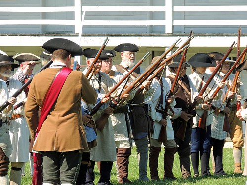 Photo of living historians forming colonial militia 