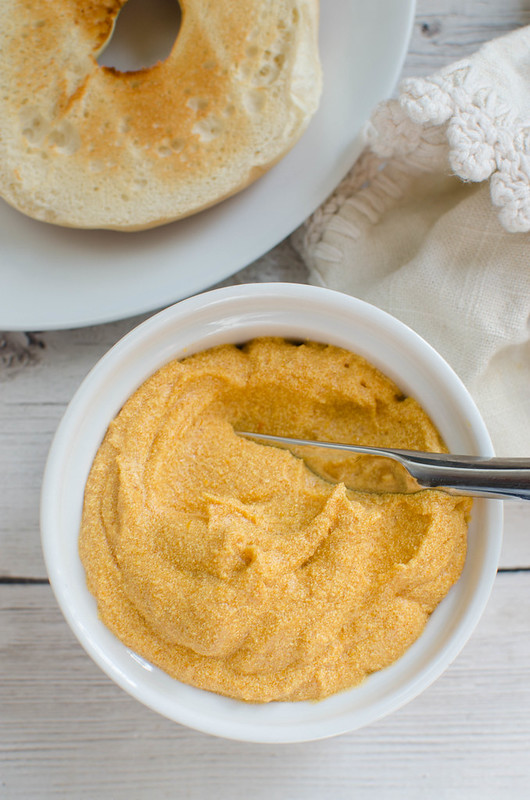 Homemade Pumpkin Cream Cheese - made with only 5 ingredients and with a non-dairy option! This recipe is so simple and is perfect on a toasted bagel! 
