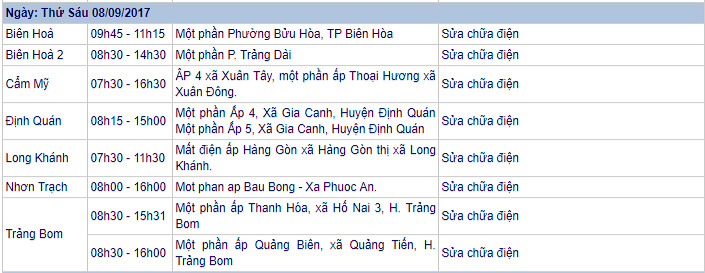 Lịch cúp điện ngày 08/09 (Nguồn: PC Đồng Nai )