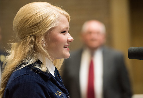 Valerie Earley speaks to fellow FFA members at a USDA event unveiling the new memorandum of understanding between USDA and FFA