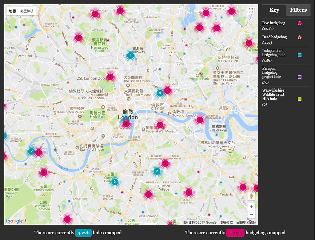 「刺蝟街」計畫也號召民眾紀錄刺蝟出沒狀況，並製作成「刺蝟分布地圖」。圖片截自計畫網站。