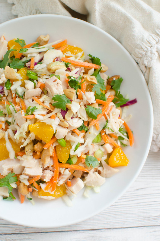 Cashew Chicken Chopped Salad - chicken, veggies, mandarin oranges, and cashews tossed in a sweet and sour dressing! My kids LOVE this salad!