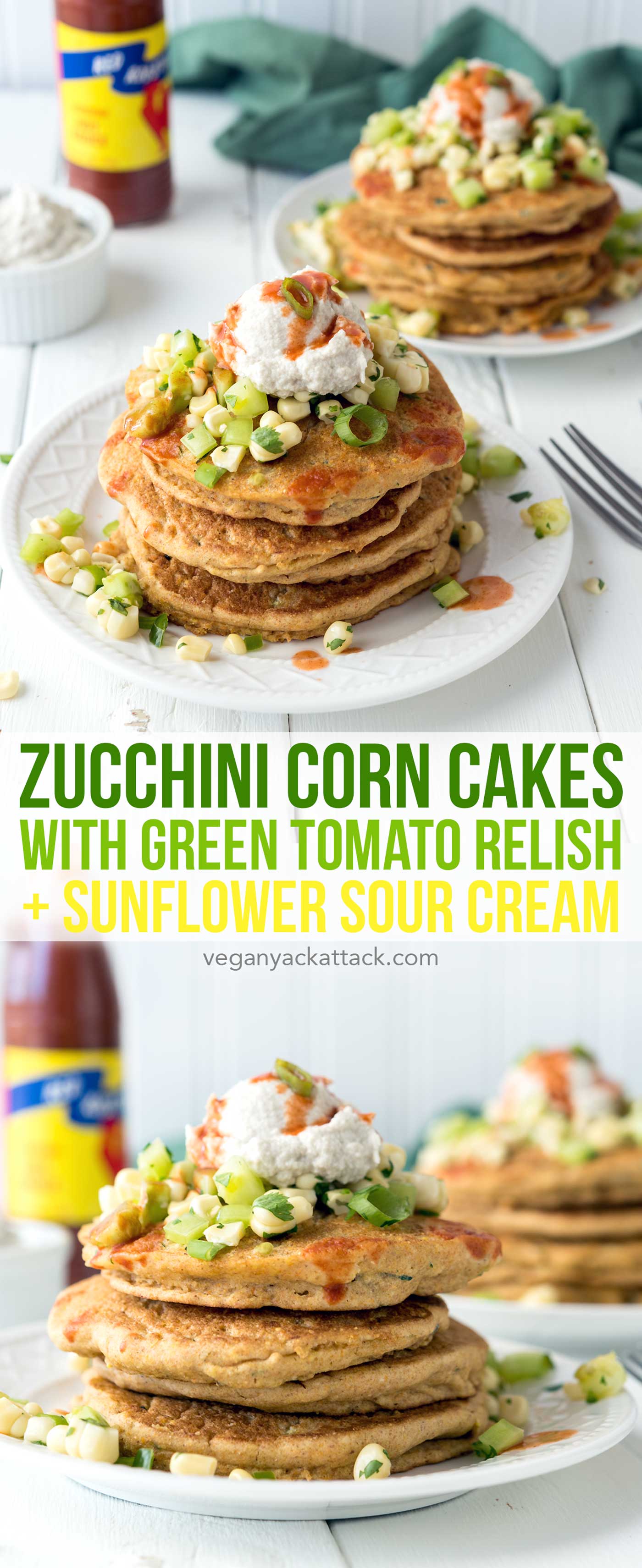 Zucchini Corn Cakes with Green Tomato Relish + Sunflower Sour Cream! A wonderful, savory, summer breakfast. #vegan #soyfree #nutfree #veganyackattack