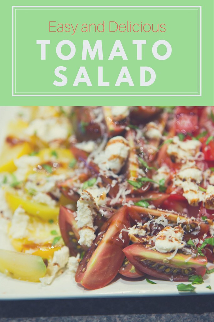 Simple and delicious tomato salad using tomatoes, cheese, basil, balsamic vinegar and salt. This is the perfect salad to bring to any event and the presentation is perfect!