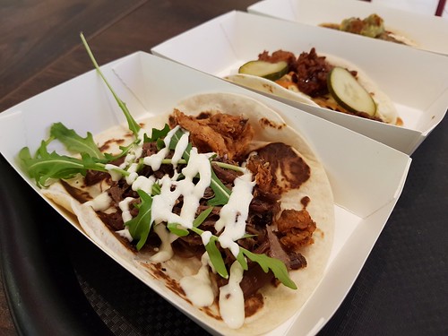 From front: beef rib taco the Gringo, fried chicky taco, grilled barramundi taco