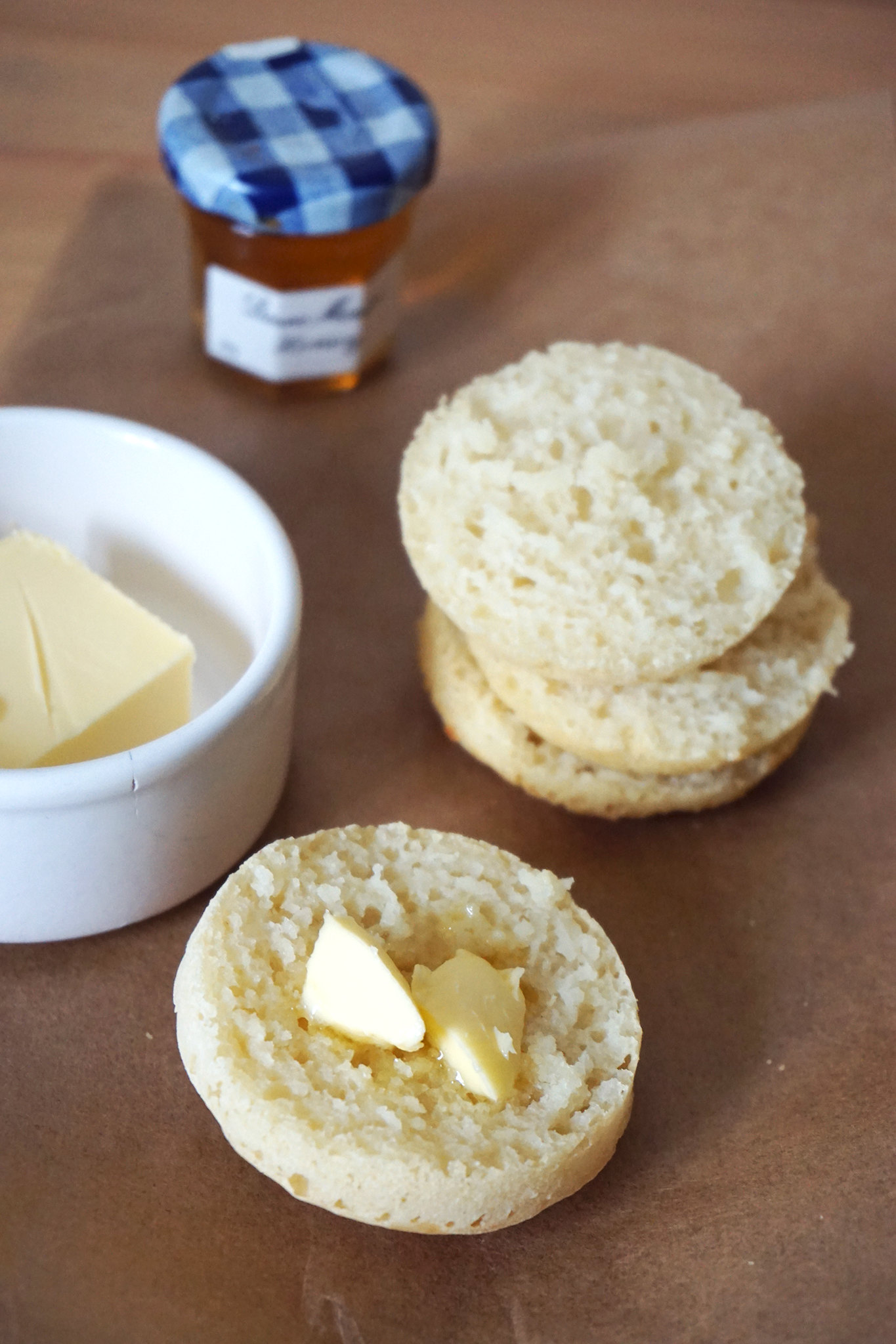 Baked gluten free crumpets with butter