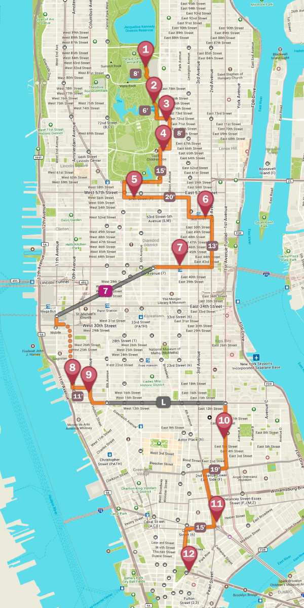 Mapa de la ruta por lugares ocultos de Nueva York
