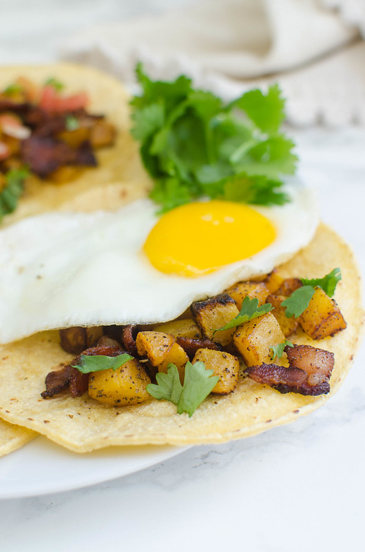 Bacon and Butternut Squash Breakfast Tacos - the best fall breakfast! Corn tortillas filled with bacon and butternut squash. Top with an egg, salsa, and fresh cilantro! 