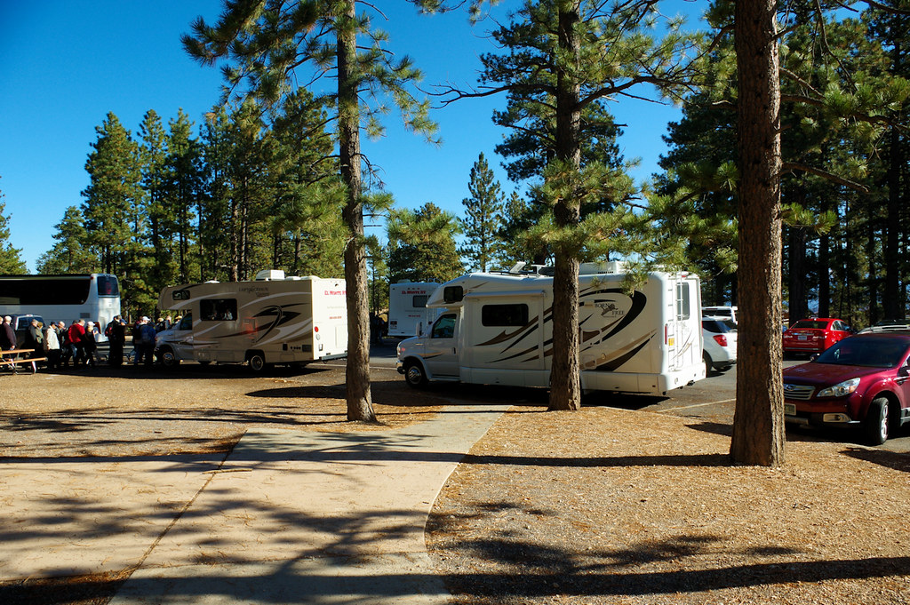 Leprechaun (rental) and Born Free Class C Motorhomes in Sunset Point parking lot, Bryce Canyon National Park, Utah, October 7, 2015