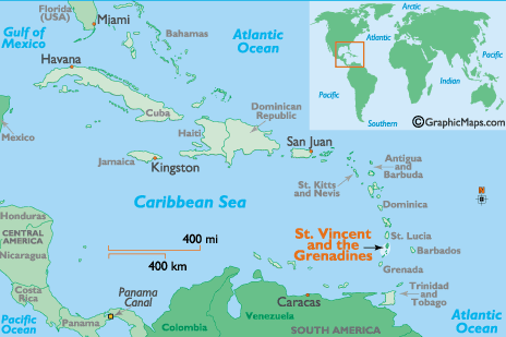 Mapa de situación de San Vicente y las Granadinas, donde se rodó buena parte de la saga Piratas del Caribe