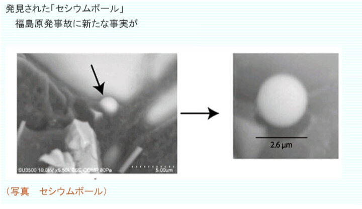 NHK節目介紹，據大型同步輻射設施SPring-8的分析，福島核災逸散的核種，幾乎都被原子爐內部材質裡的玻璃質硅給包覆，形成所謂的「銫球」（參照上圖），是非水溶性粒子。