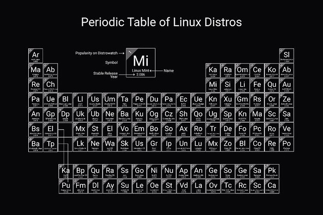 La tabla periódica de las distribuciones GNU/Linux 38274617102_e517498162_z