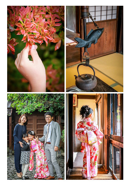 七五三の前撮り写真を渋川神社とどうだん亭（愛知県尾張旭市）でロケーション撮影　7才と5才の女の子(姉妹）の自然でオシャレな着物・ドレス姿
