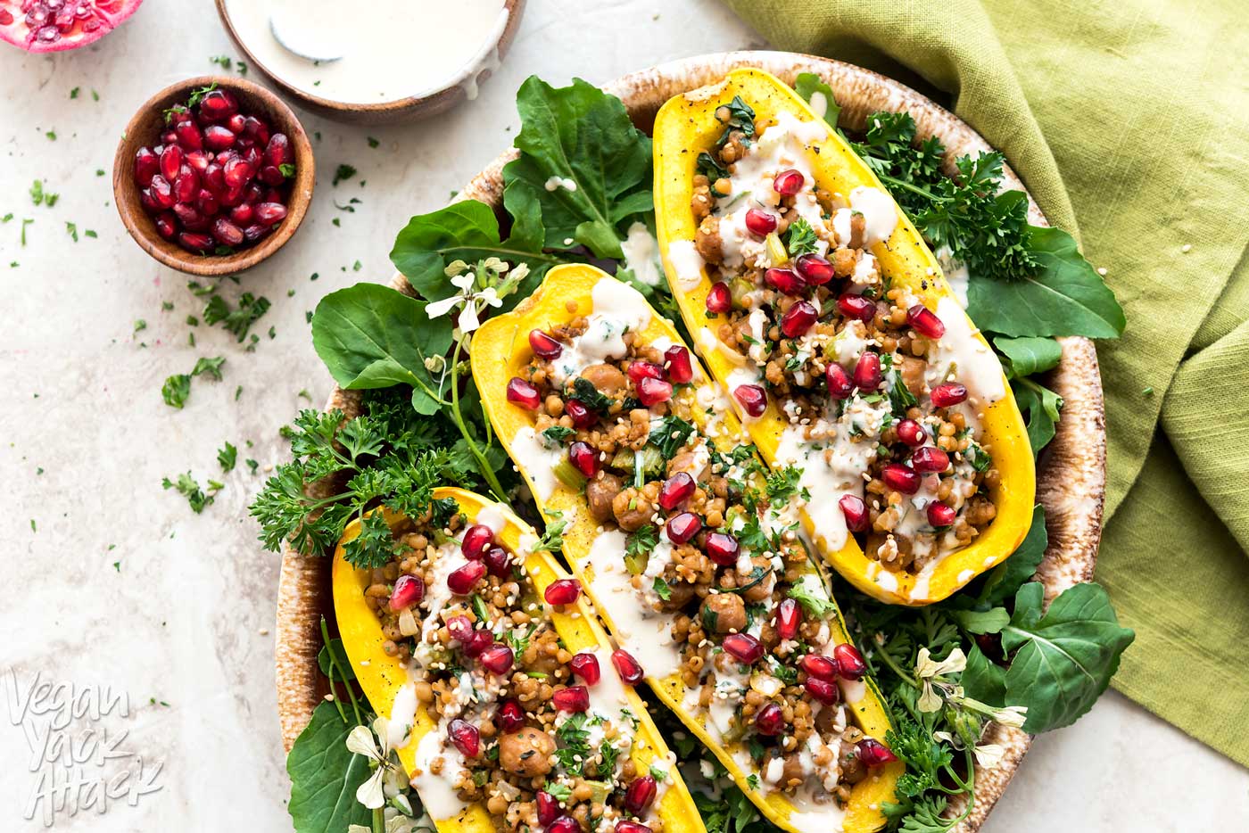 These Couscous-Stuffed Delicata Squash make for a beautiful and comforting dish, to adorn your holiday table, this year! Made with Wild Garden Pilaf. #vegan #soyfree #nutfree #WildGardenEats