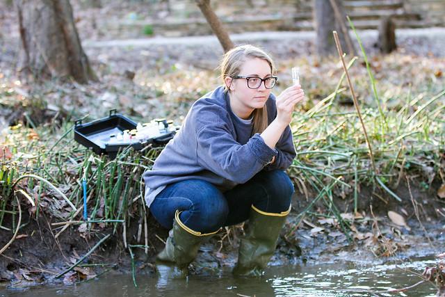 Sydney Smith looks at a test tube with a water sample from a stream.