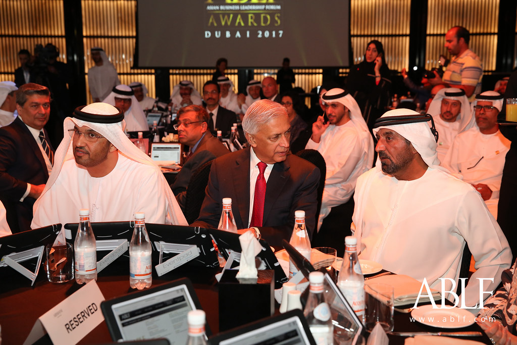 H.E. Dr Sultan Al Jaber, Minister of State, UAE, and CEO, Abu Dhabi National Oil Company (ADNOC), UAE; H.E. Shaukat Aziz, Former Prime Minister, Pakistan; and H.H. Sheikh Ahmed bin Saeed Al Maktoum, Chairman and Chief Executive, Emirates Airlines and Group, UAE, at the ABLF Awards 2017