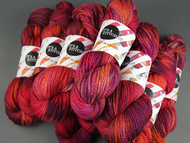 Awesome Aran – hand-dyed pure superwash British wool yarn 100g – ‘Momiji’ (red, purple, orange)