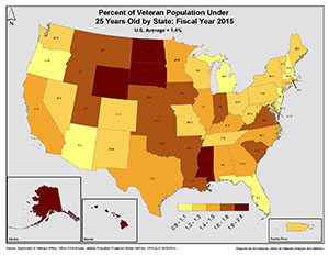 Graphic map of percent of veteran population under 25 years old by state