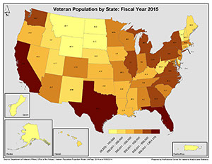 Graphic map of veteran population by state for fiscal year 2015