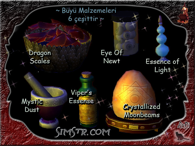 The Sims 2 Apartment Life Apartman Hayatı Witchiness Cadılık Magic Ingredients Büyü Malzemeleri Dragon Scales Eye of Newt Essence of Light Crystallized Moonbeams Viper's Essence Mystic Dust