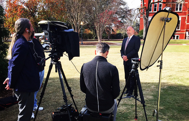 Auburn University President Steven Leath is interviewed for the Alabama Public Television in front of Samford Hall