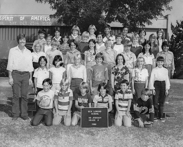 A picture of Keith Johnson, teacher, and his 1980 sixth grade class. 
