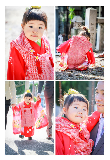 ３才の女の子の七五三参り写真の出張撮影／深川神社（愛知県瀬戸市）　自然なスタイル　赤い着物