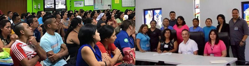 Side by side photos: left - workers at Joya de Ceren join the first union access meeting negotiated by SITRASACOSI with Fruit of the Loom, right - SITRASACOSI leadership signs agreement reinstating or compensating dismissed workers of TexOps 