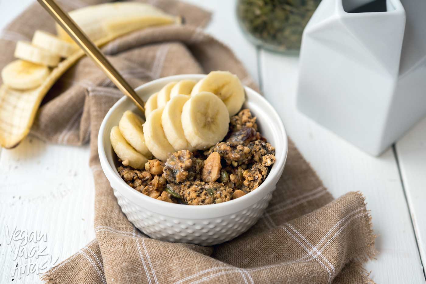 This snack is anything but boring! PB&J Buckwheat Granola, that's oil-free and gluten-free. Plus, it's a great way to empty out some of your pantry! #vegan #glutenfree #oilfree