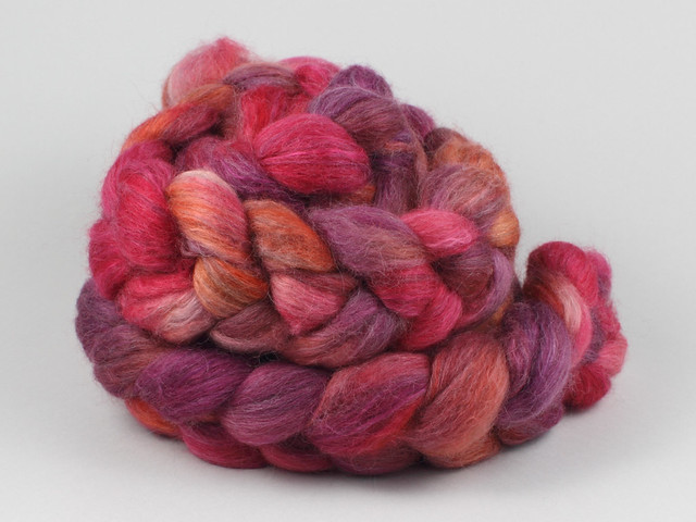 Lustre Blend fine British wool, merino, silk combed top/roving hand-dyed spinning fibre 120g ‘Momiji’ (reds, purples, oranges)
