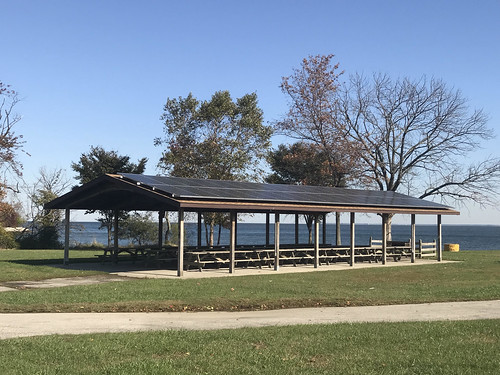Photo of rooftop solar panels atop picnic pavilion at Sandy Point State Park