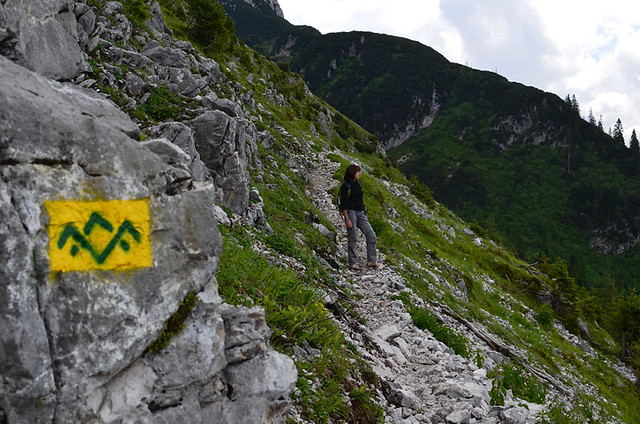 Narrow mountain path to Stuhlalm above Gosausee, Austria